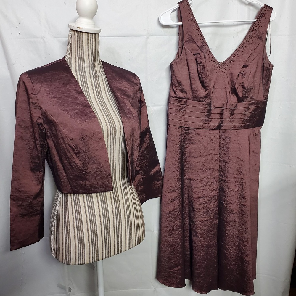 Patra Women's 2 Piece Midi Dress‎ Sz 8 Open Jacket Shimmer Brown Back Zip Vtg
